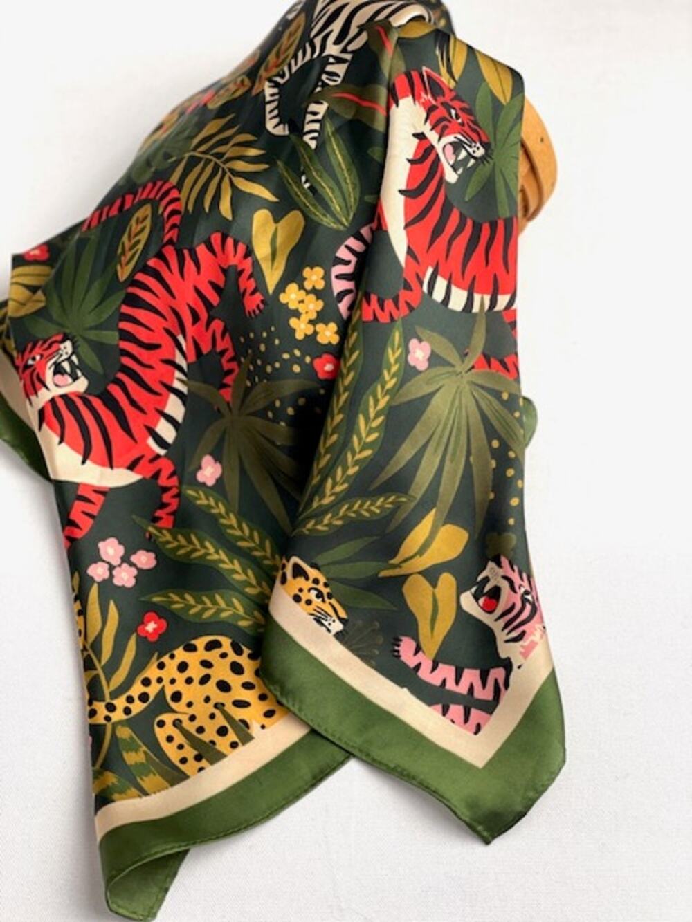 Jungle Animal Print Scarf 27x27 Tiger Leopard Zebra Green Safari Statement Wrap